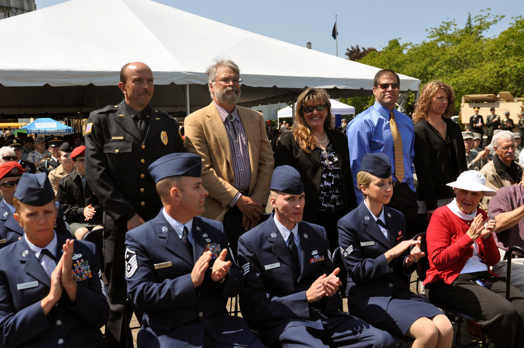 Oregon employers stand as they are recognized during Armed Forces Day, May 17, at the State Capital in Salem Oregon employers stand as they are recognized during Armed Forces Day, May 17, at the State Capital in Salem, for their continued efforts to hire Oregon National Guard Soldiers returning from overseas deployments. From left to right: Wyn Lohner, of the Baker City Police Department Chief; Ted Hausotter, of Natural Structures; Anna Goodman, of Century 21; Debbie Gargalis, of WorkSource Oregon; Tom Insko, of Boise Cascade. (Oregon Military Department Photo by Spc. Cory Grogan)