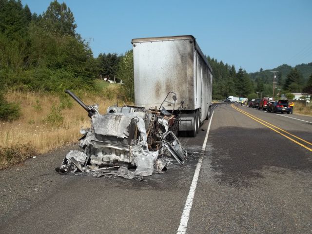 Burned out semi tractor