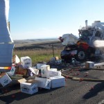 Crash 2000 Peterbilt truck pulling a trailer loaded with apples / Flying J Fuel Truck